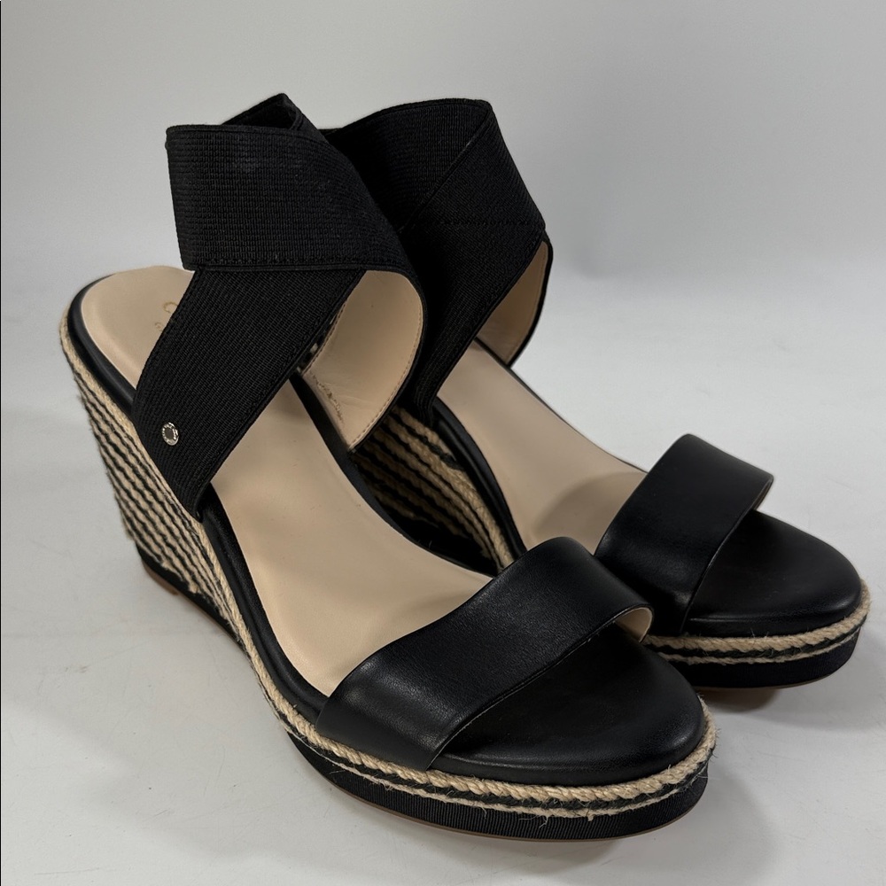 Cole Haan Cloudfeel Espadrille Elegant Black Wedge leather Sandals size 6 1/2 B